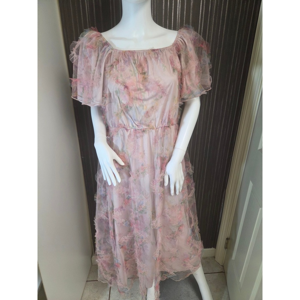 Polagram Pink Floral Tulle Ruffle Midi Dress 1XL PSD4687-X NWT